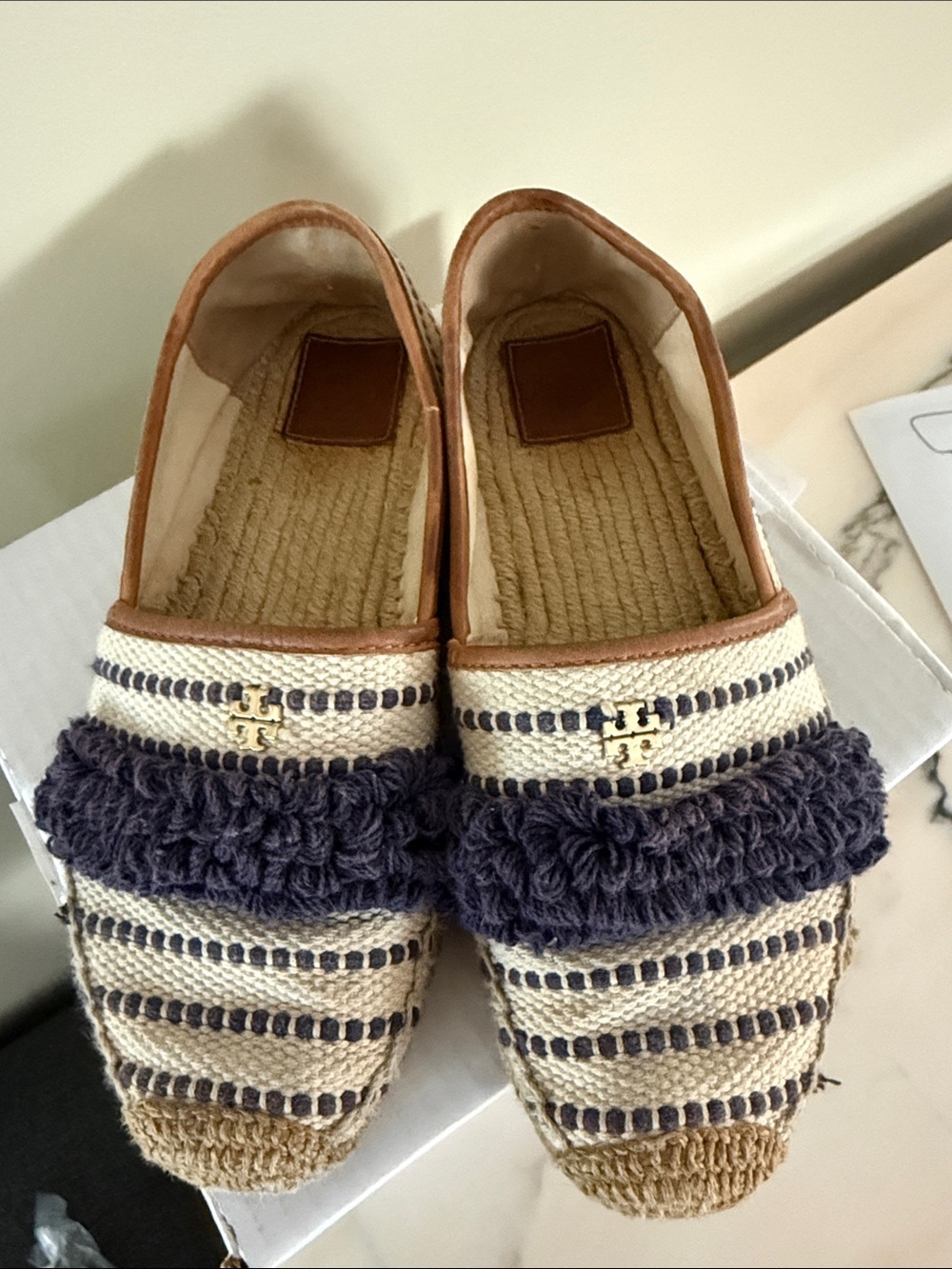 Tory Burch Cream & Navy Woven Espadrille Flats with Fringe